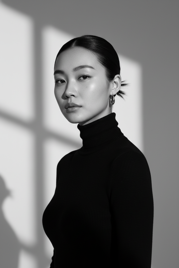 内省的な表情の女性のミニマルスタジオ白黒ポートレート - Stable Diffusion AI生成画像