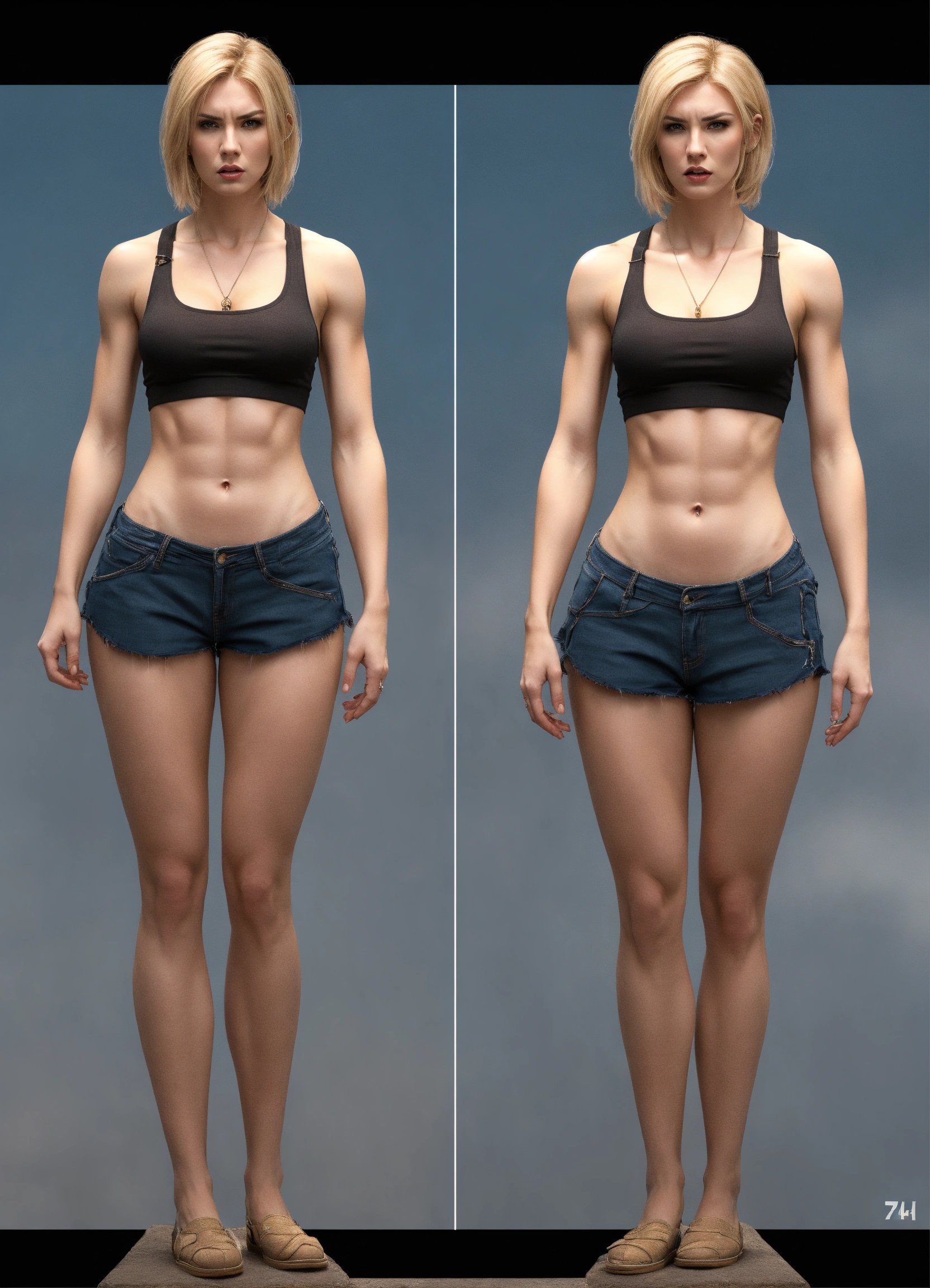 怒りの表情でグラマーポーズを取るスレンダーな高身長女性、力強さが溢れるポートレート。Stable Diffusion AI生成画像