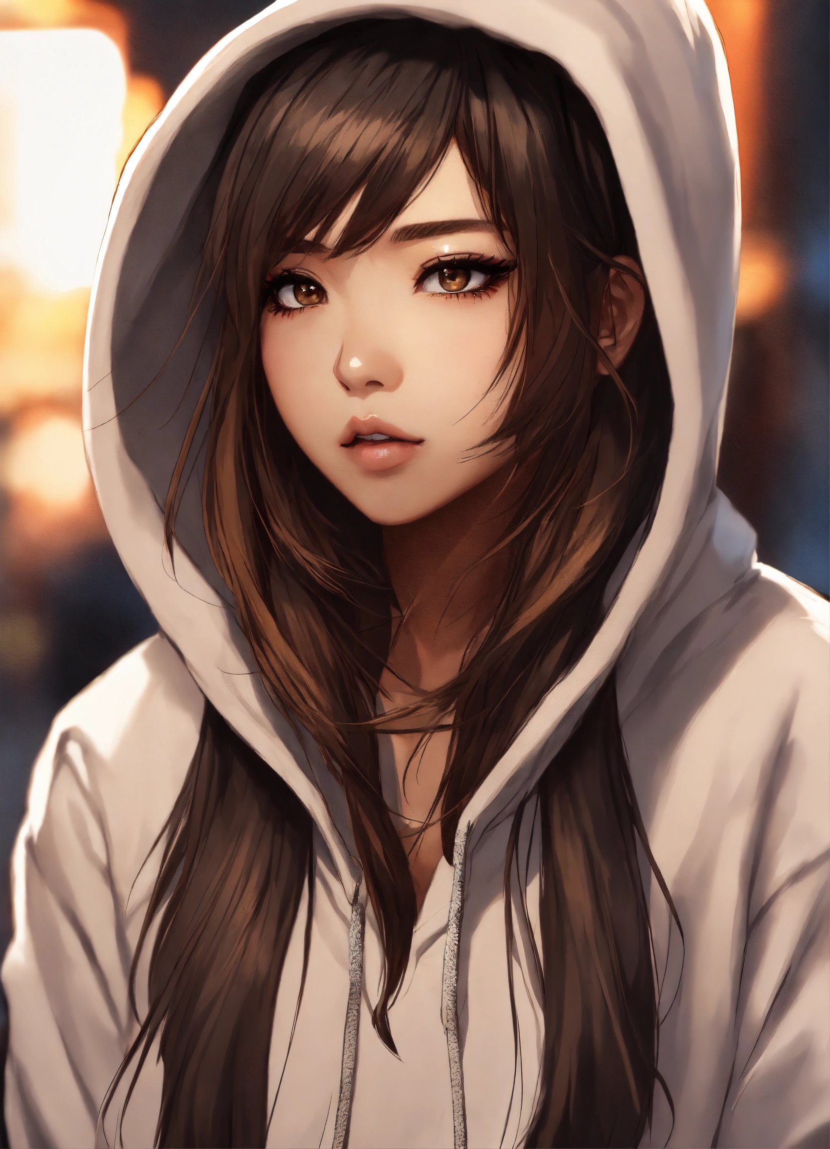 ロングヘアのアジア女性、白フーディー、濃いメイク、Stable Diffusion AI生成画像