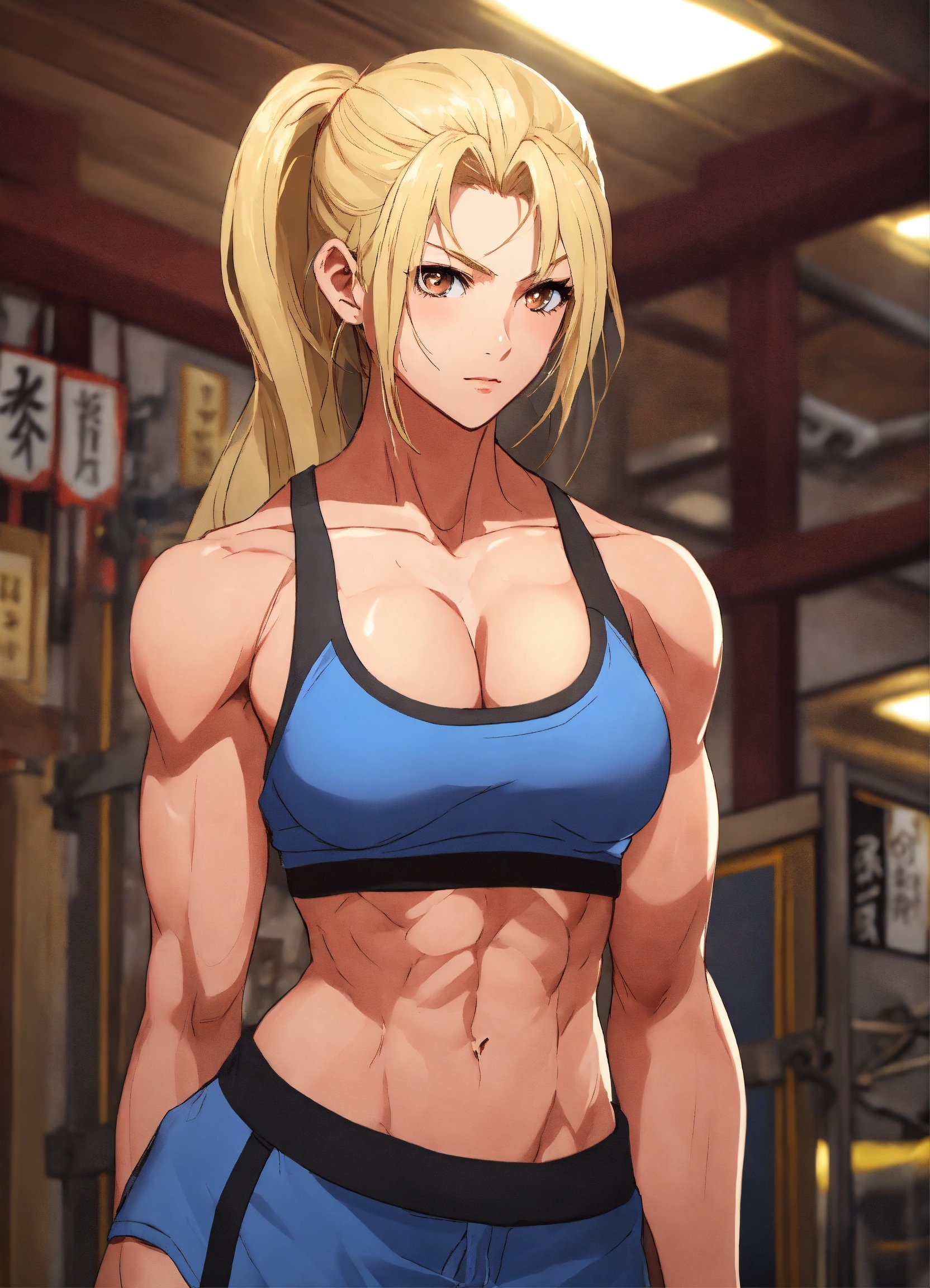 道場で強い腹筋が特徴のアスレティック金髪女性、格闘技用に鍛えられた筋肉質なボディ。Stable Diffusion AI生成画像