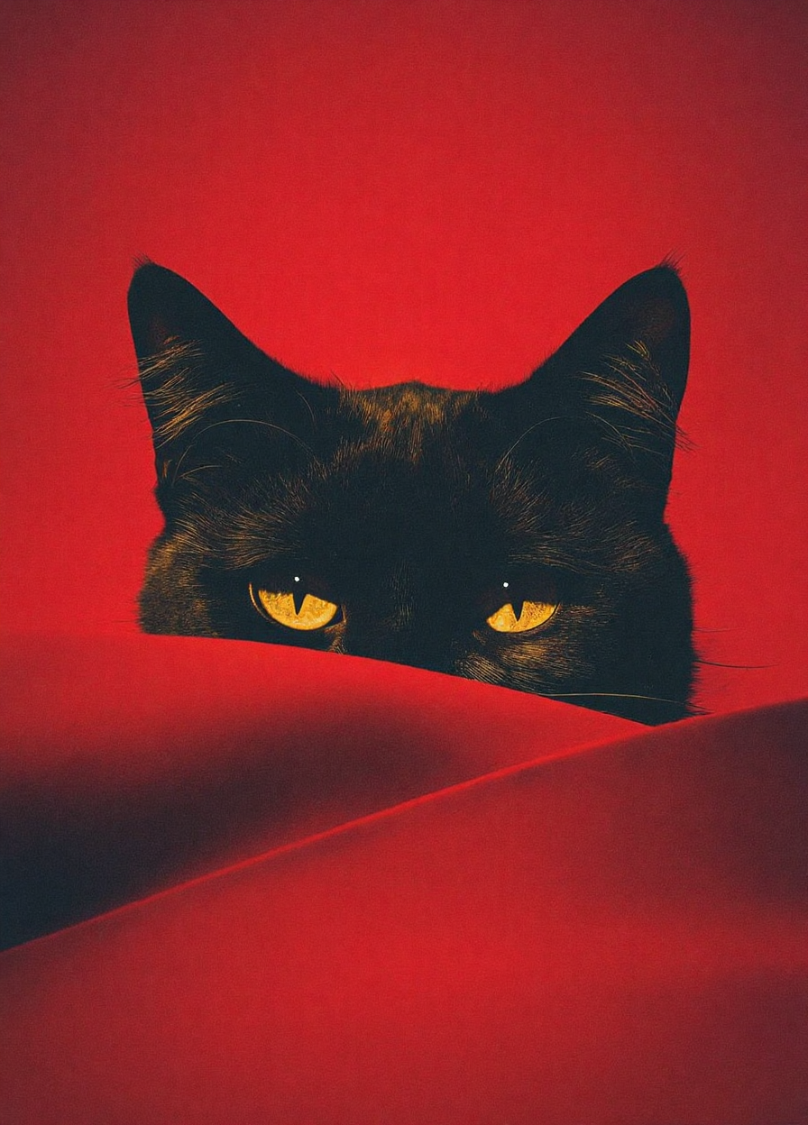 赤い壁の穴から大きな黄色い目で覗く黒猫のポップアート風イラスト - Stable Diffusion AI生成画像