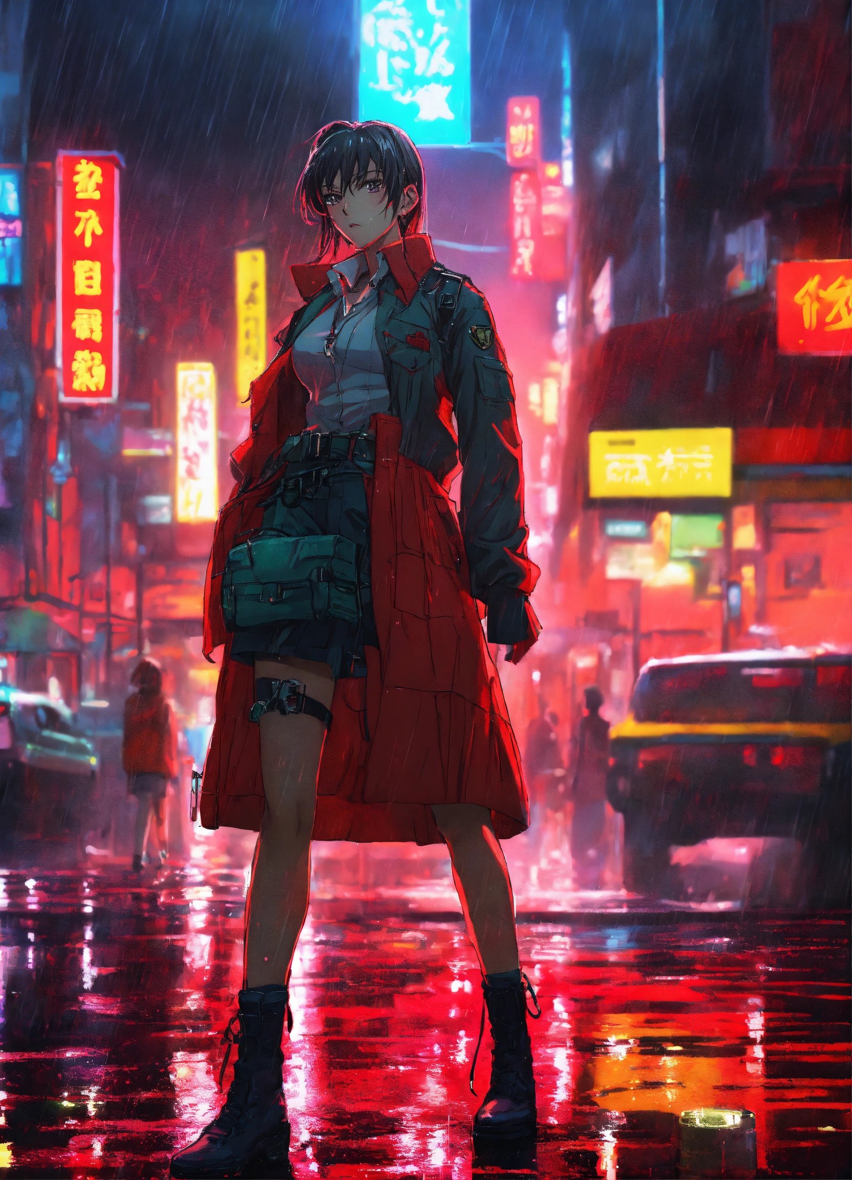 Black Lagoon風のダークで詳細なアニメシーン、ネオンライティングと雨夜の表現、Stable Diffusion AI生成画像で終わる