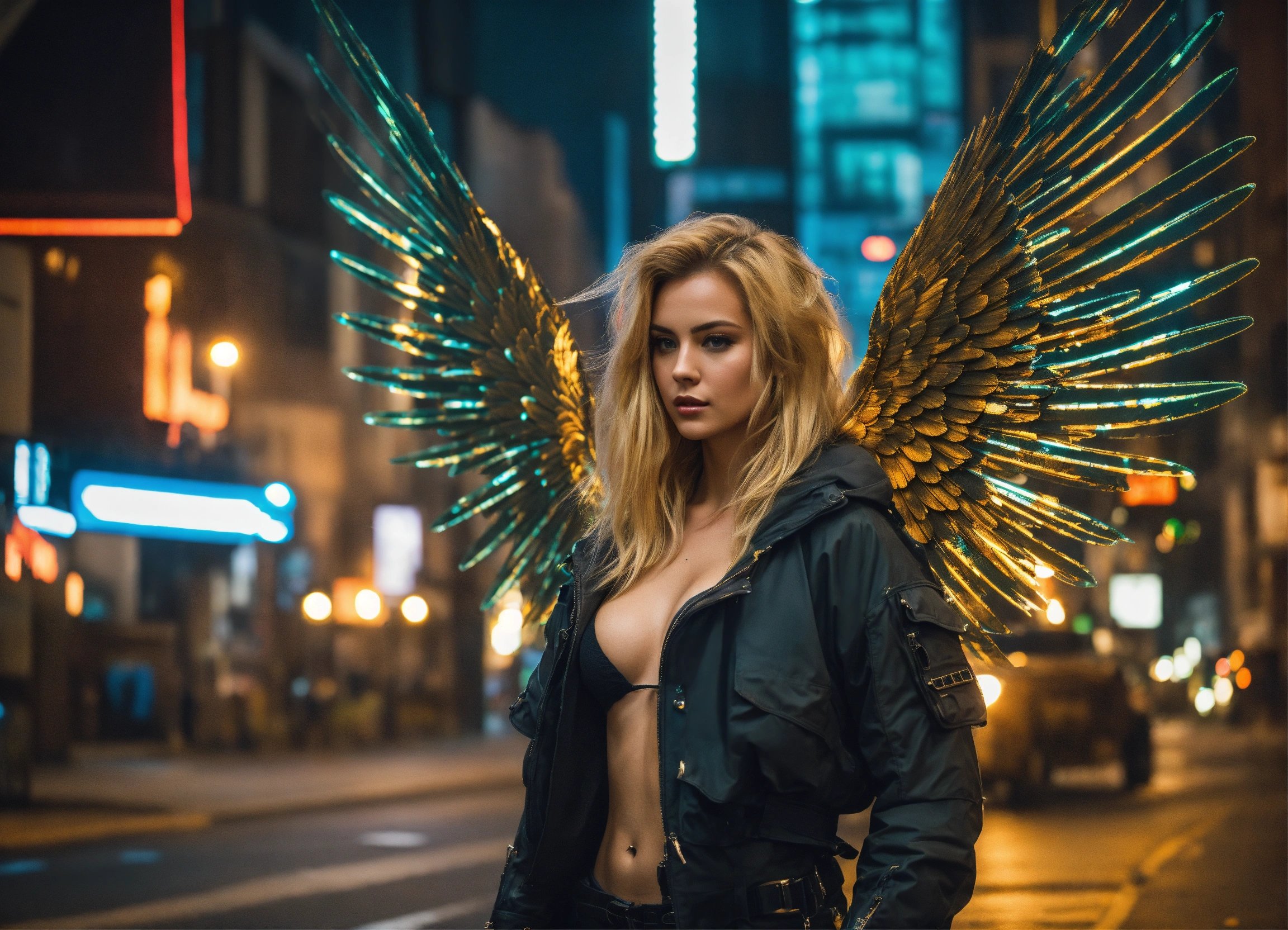 金髪で天使の大きな翼とメックスーツ、サイバーパンク都市背景、Stable Diffusion AI生成画像