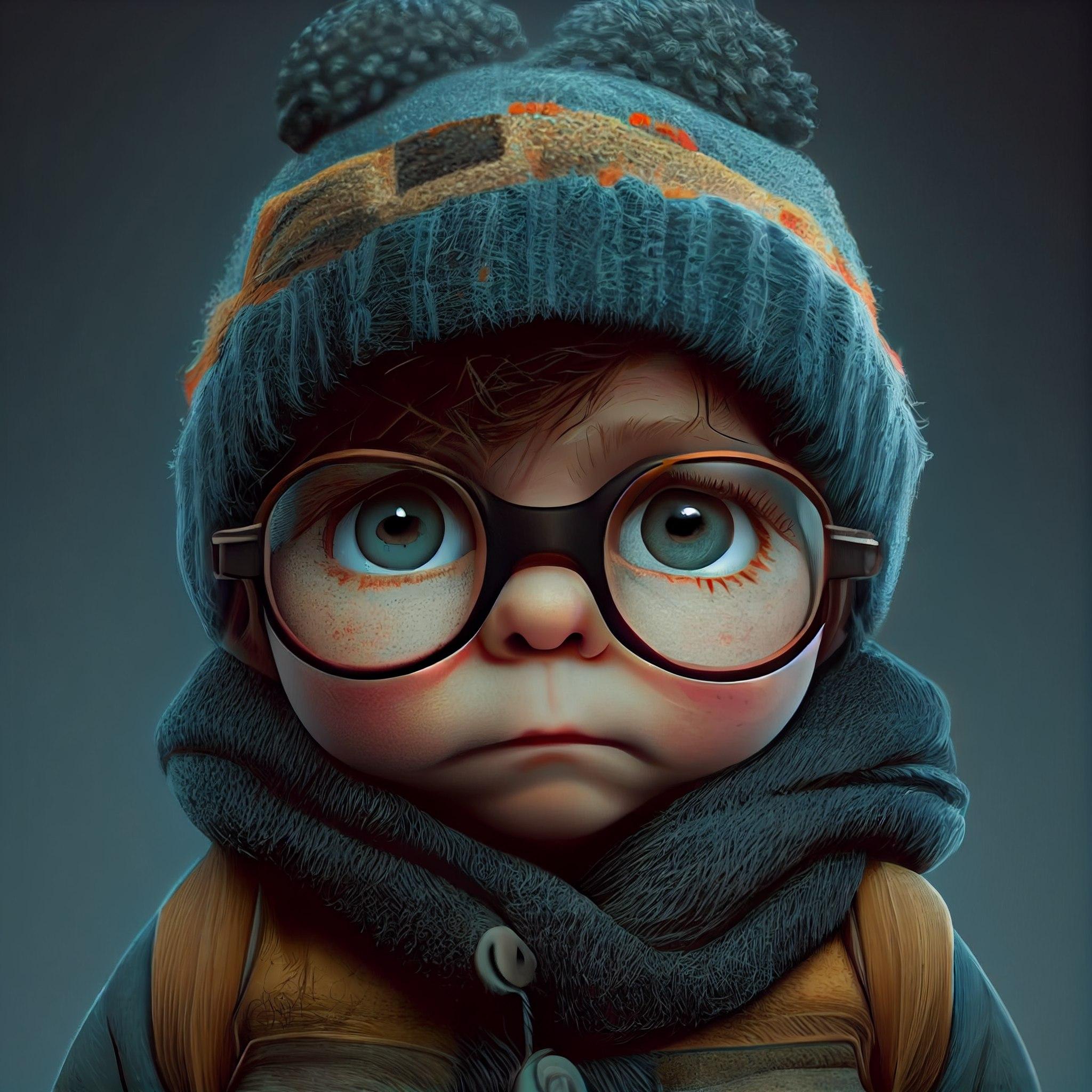 青いニット帽の子どもの表情 - カメラアングルプロンプト