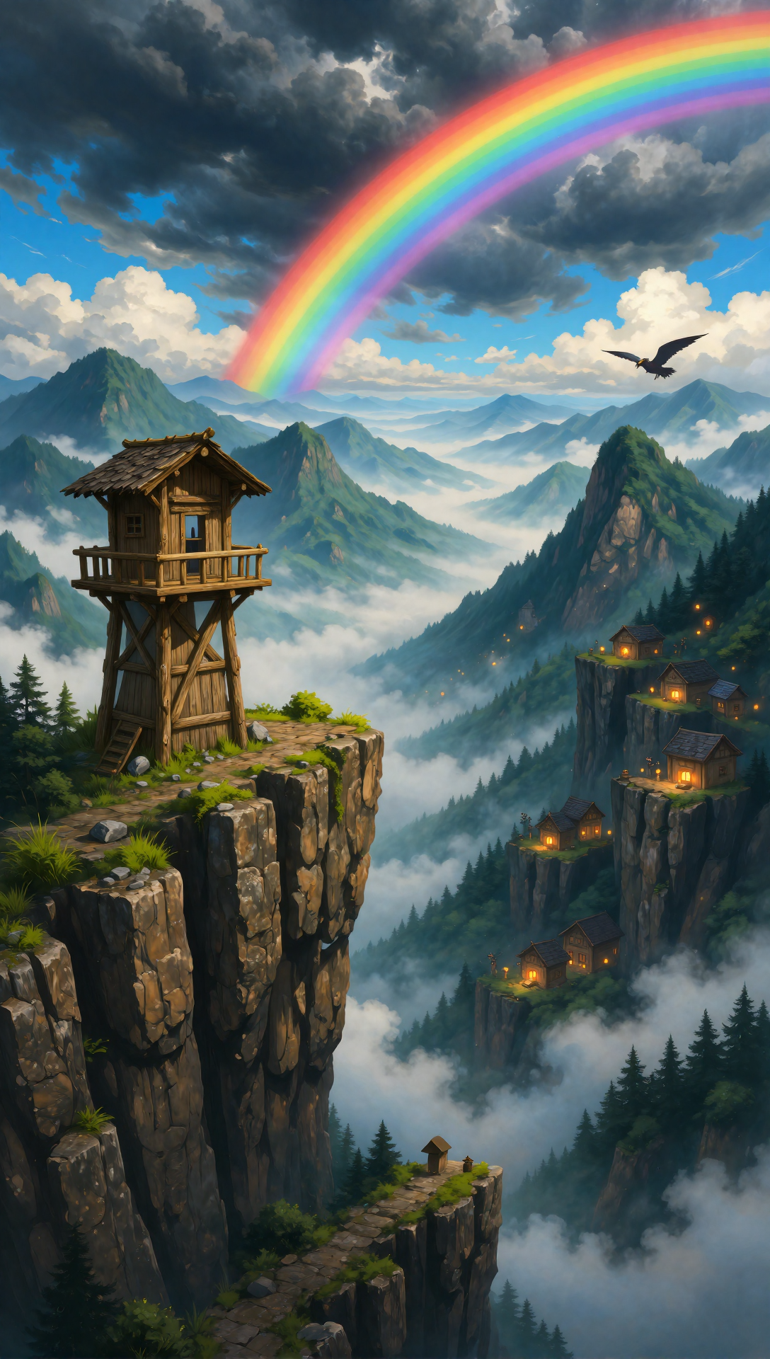 絶壁見張り塔 | 層状山々と二重虹の叙景