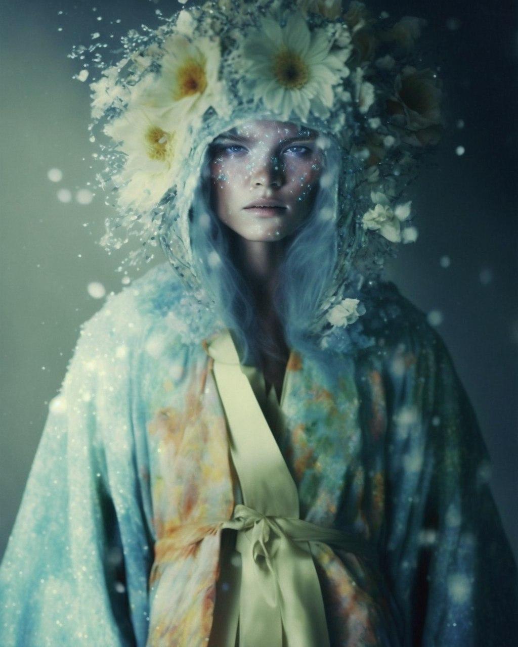 青と黄色のローブと花の髪飾りをした女性、暗い背景、Midjourney AI生成画像