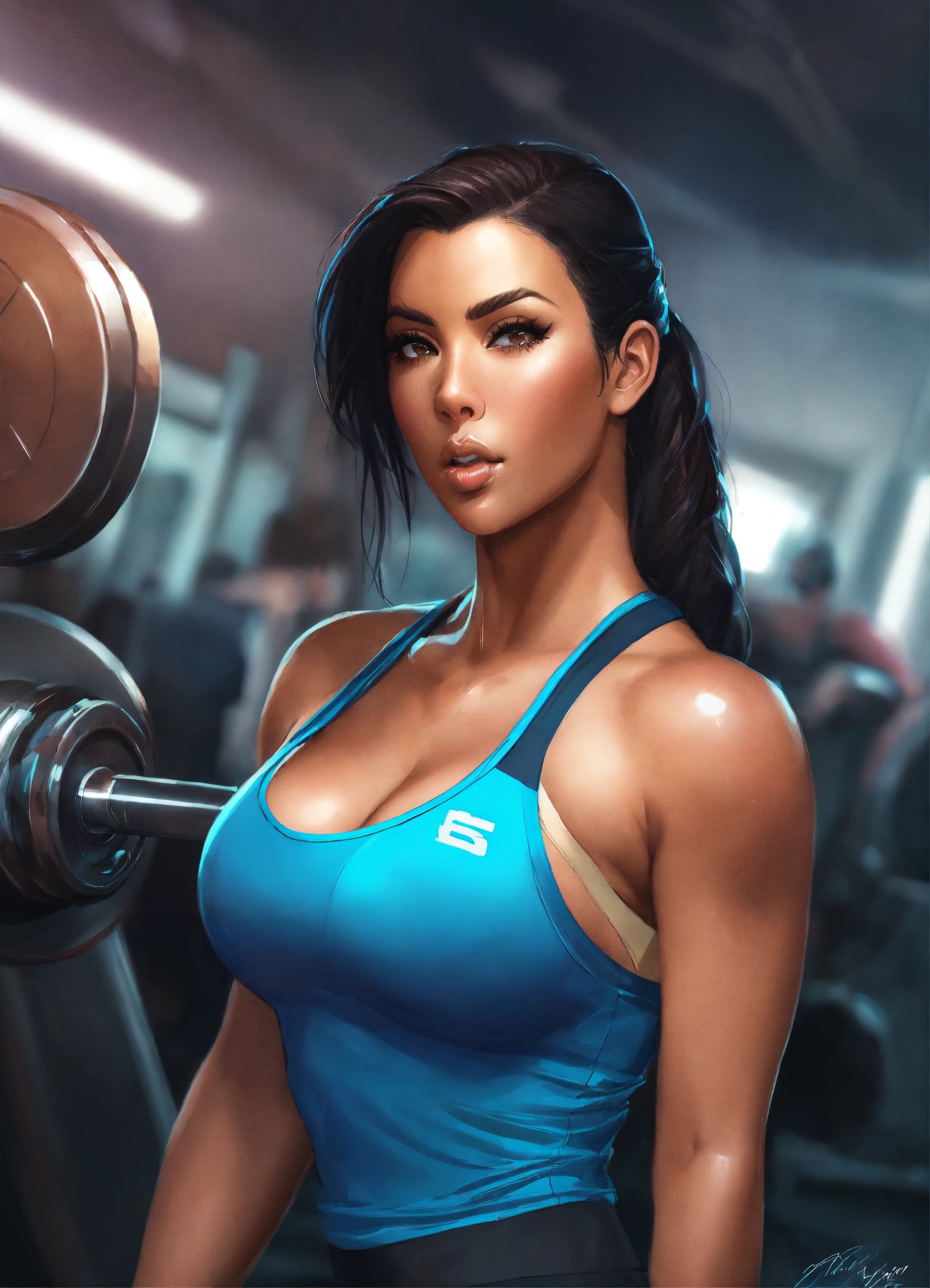 ピンクのジムウェアを着たカーヴィボディの女性、ワイドヒップとタイニーウエストが強調されたスポーティな姿。Stable Diffusion AI生成画像