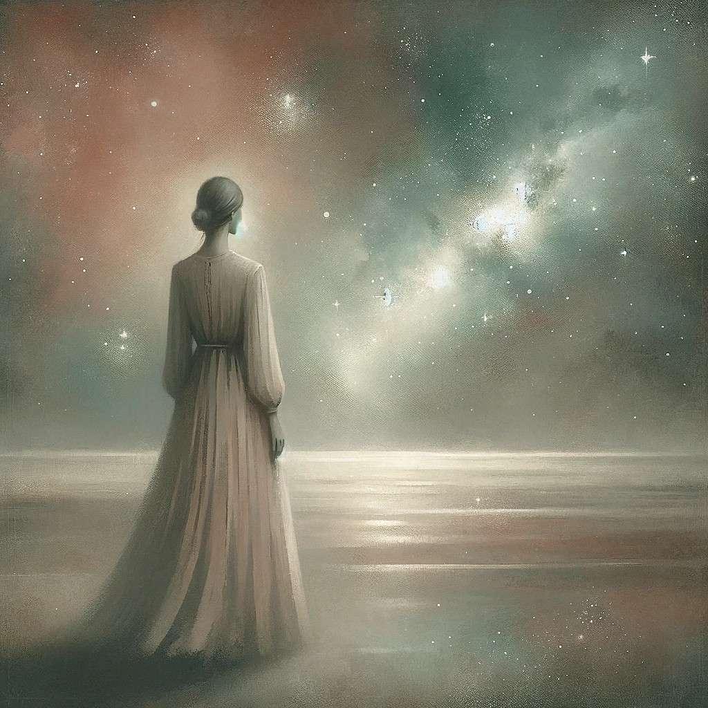 静寂の宇宙瞑想女性 - DALL-E ミニマルカラー