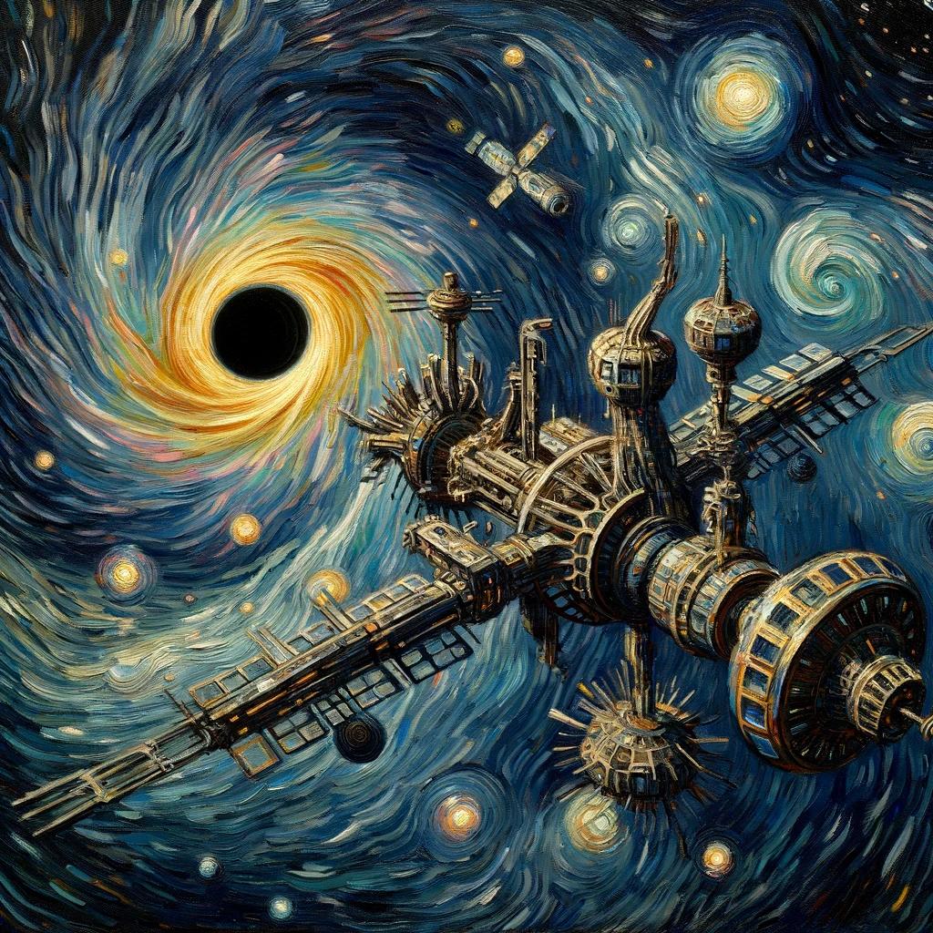 ゴッホ黒穴宇宙ステーション - DALL-E油彩カラー