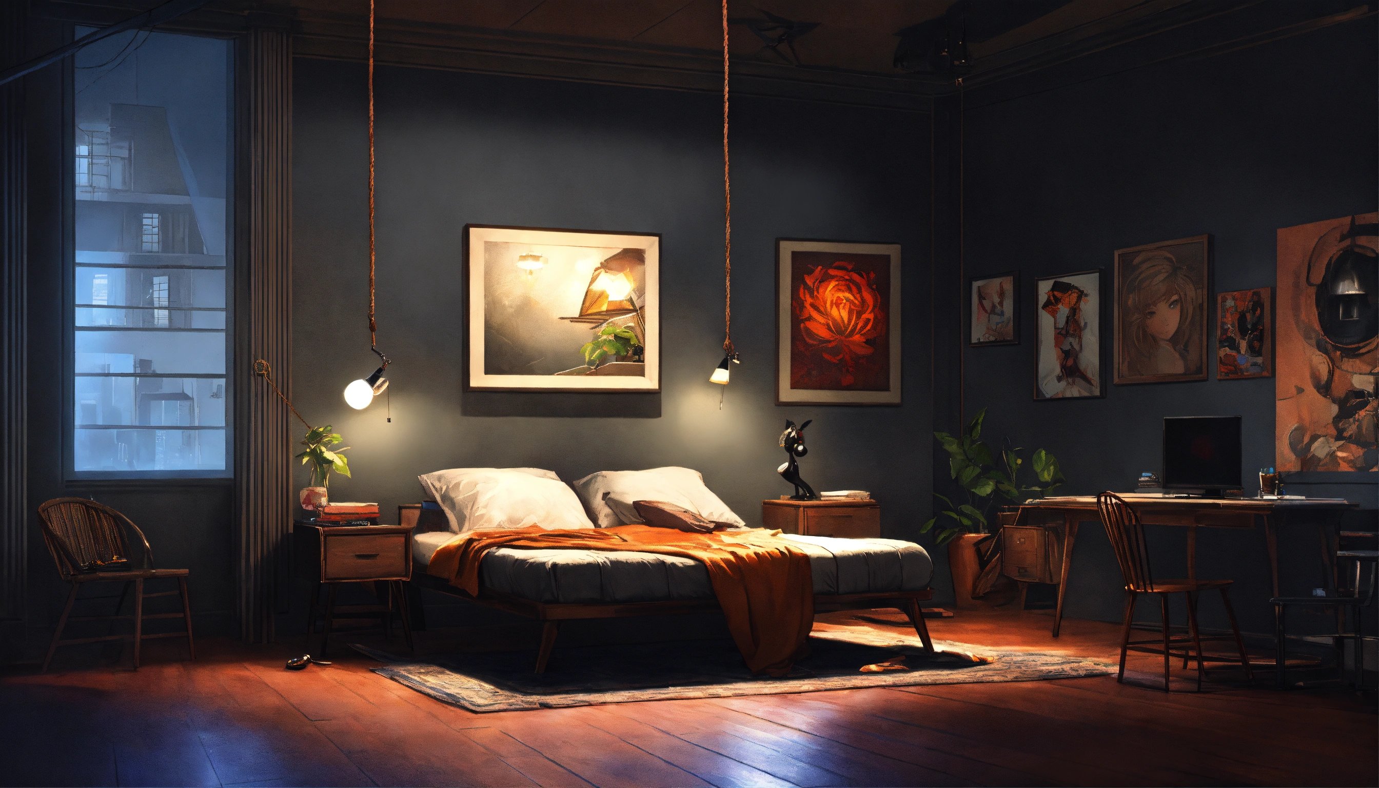 灰色の暗い部屋に天井からロープが吊るされたダークでオモシロイシーン、Stable Diffusion AI生成画像で終わる