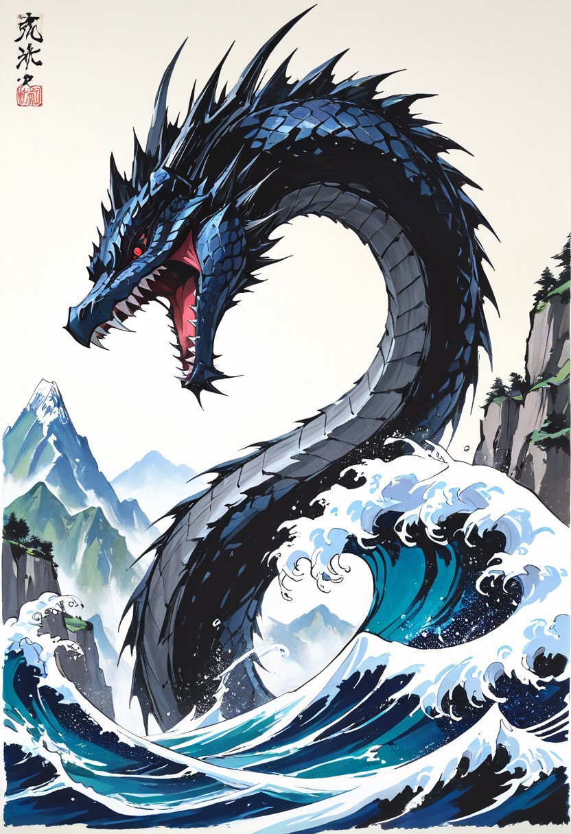 龍の怪獣イラスト | 水墨画風の雄大な景観