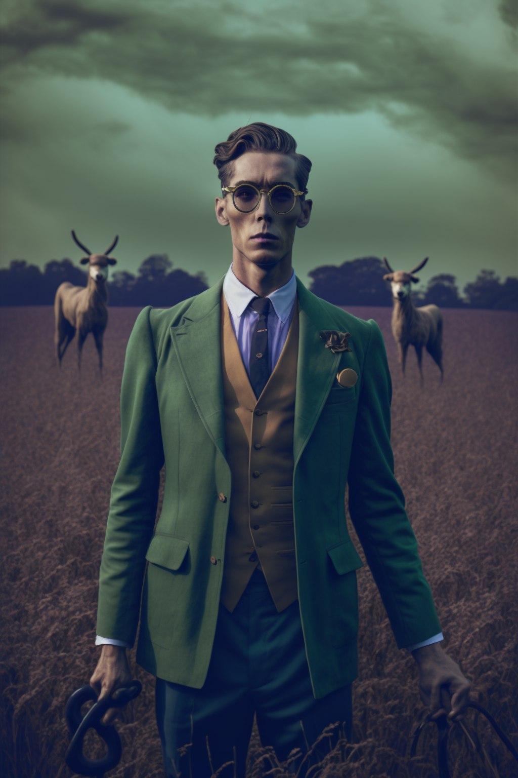 グリーンスーツの紳士 - 秋色メンズファッションプロンプト