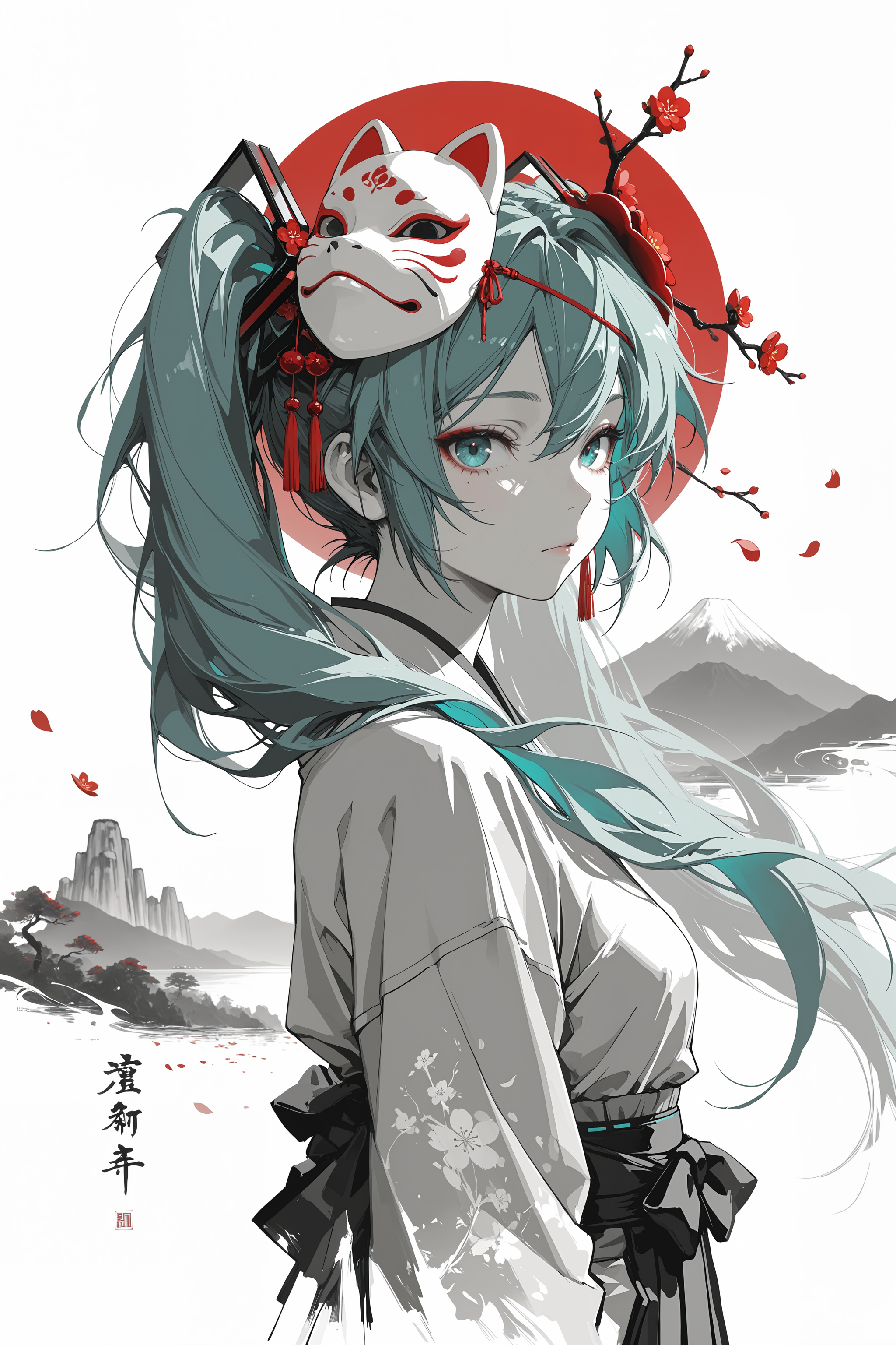 アクアカラーのツインテールの初音ミクが佇む和風水墨画イラスト - Stable Diffusion AI生成画像