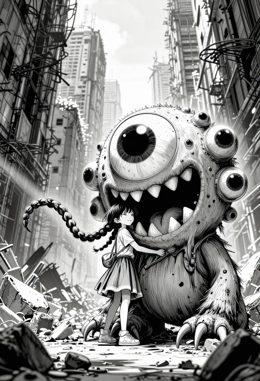 モノクロインクイラストのポストアポカリプス