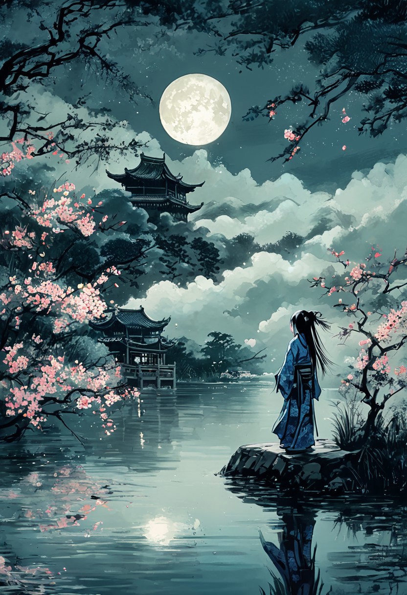 月明かり漢服少女 | 中国伝統墨絵風