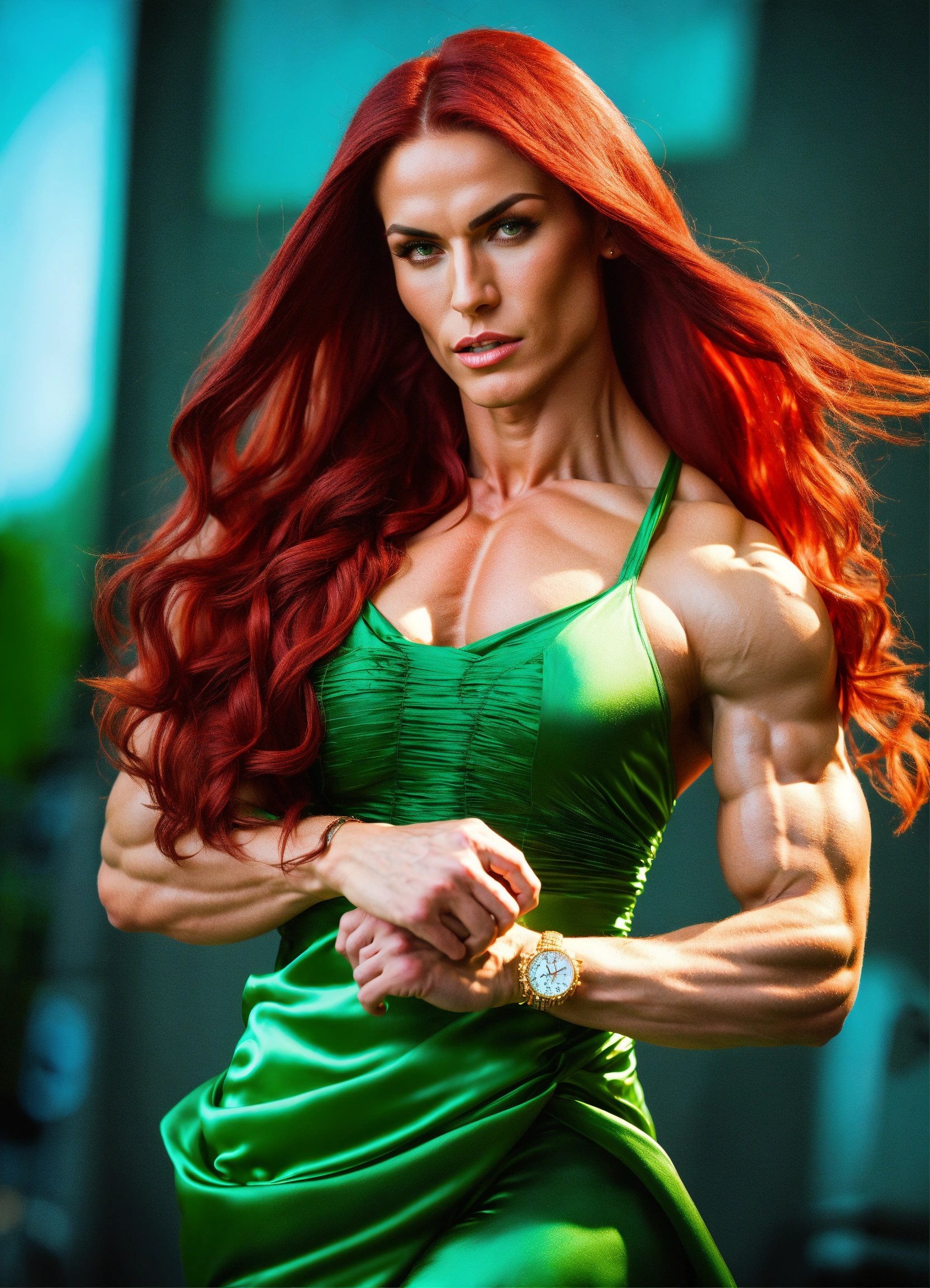 筋肉質でボディビルダー体型の高身長女性、ロングドレスを着たエレガントなポーズ。Stable Diffusion AI生成画像