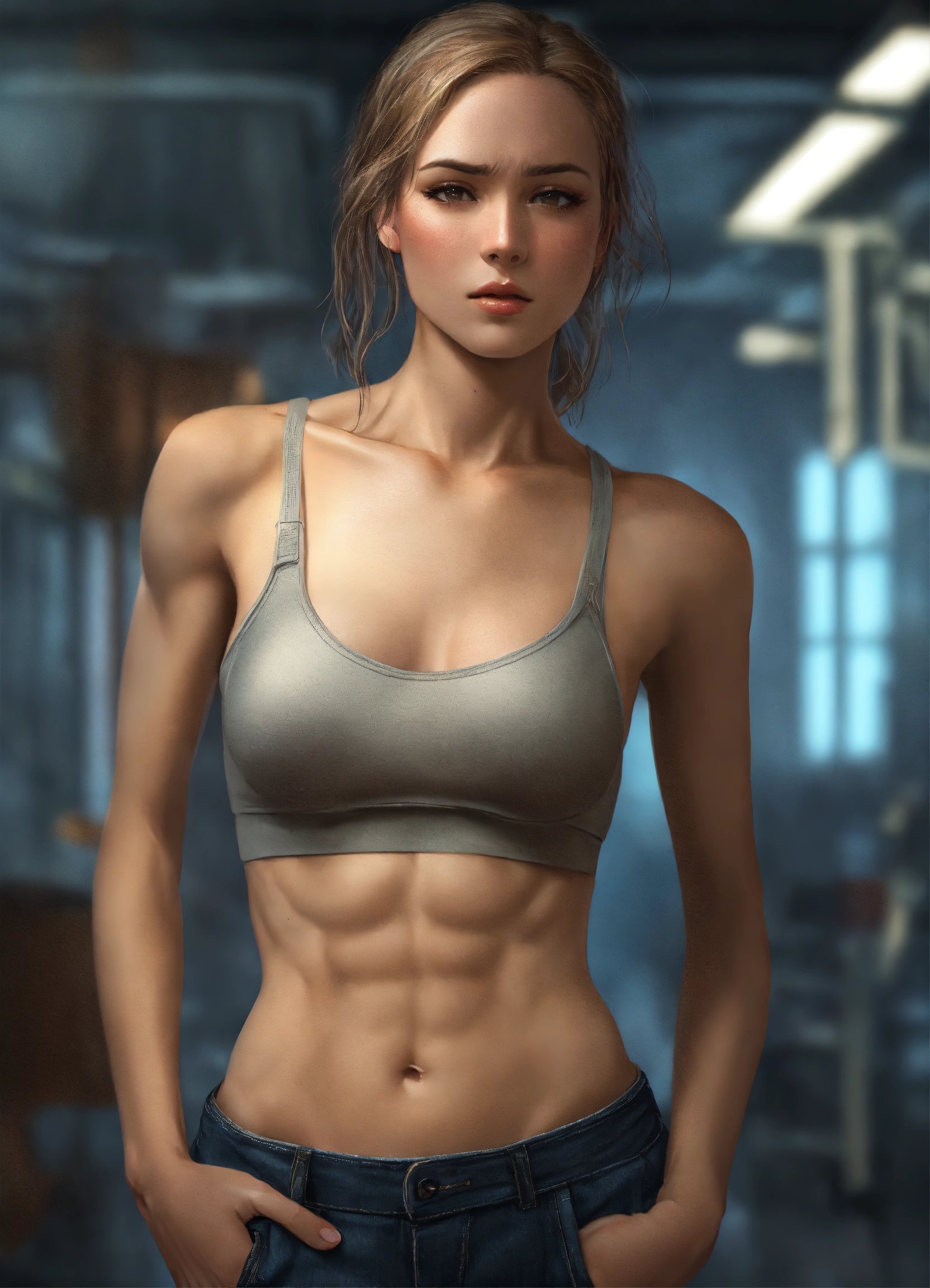 苦しみと悲しみの表情を浮かべたスレンダー体型の高身長女性、グラマーポーズで撮影。Stable Diffusion AI生成画像