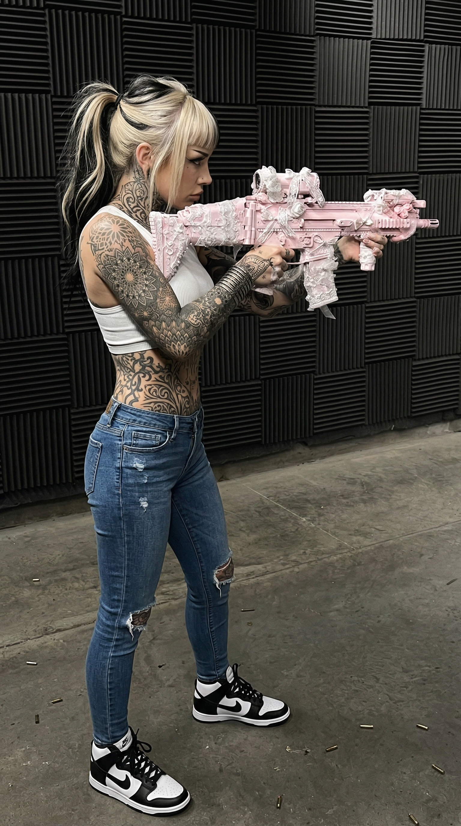 ポニーテールと黒髪ハイライトの髪型プロンプト