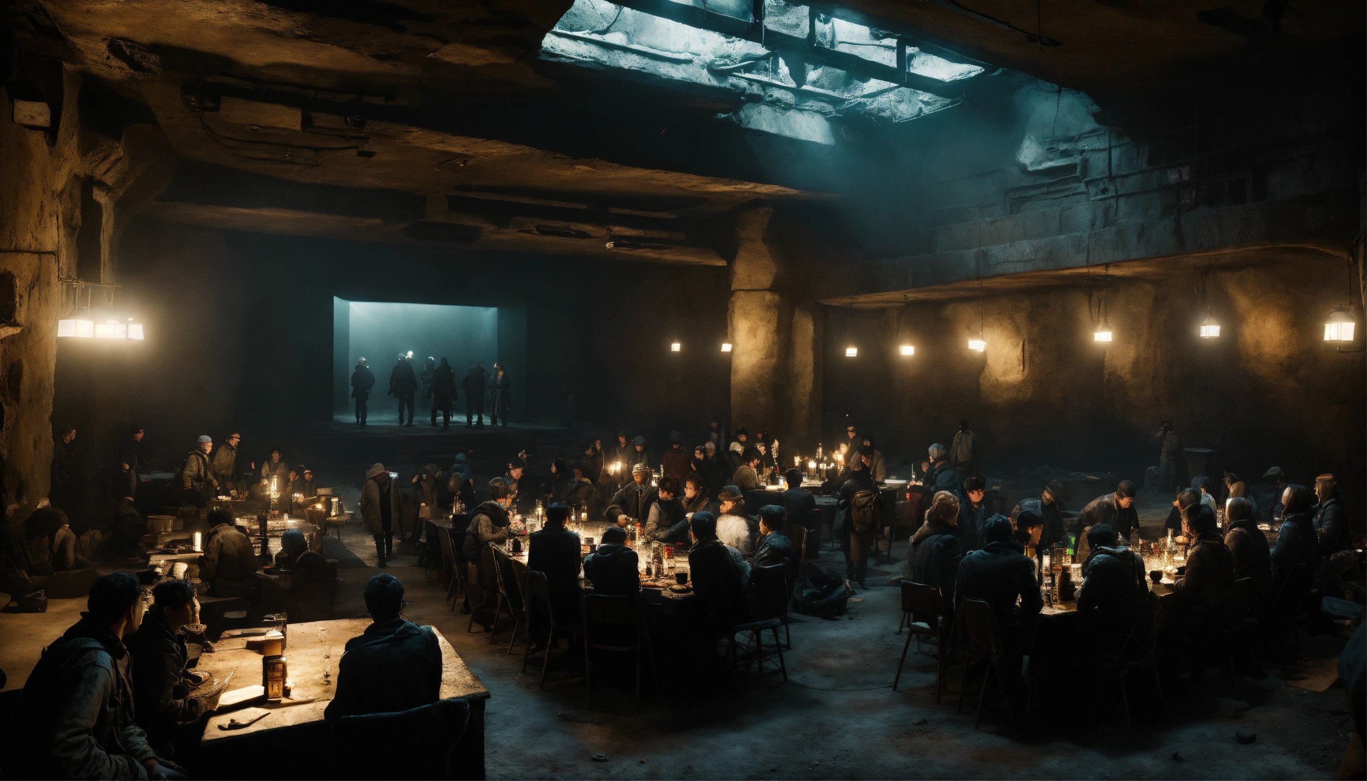 地下バンカーの大講堂にいる無数の人々とネオン演台が映る暗いポスト・アポカリプス世界、Stable Diffusion AI生成画像で終わる