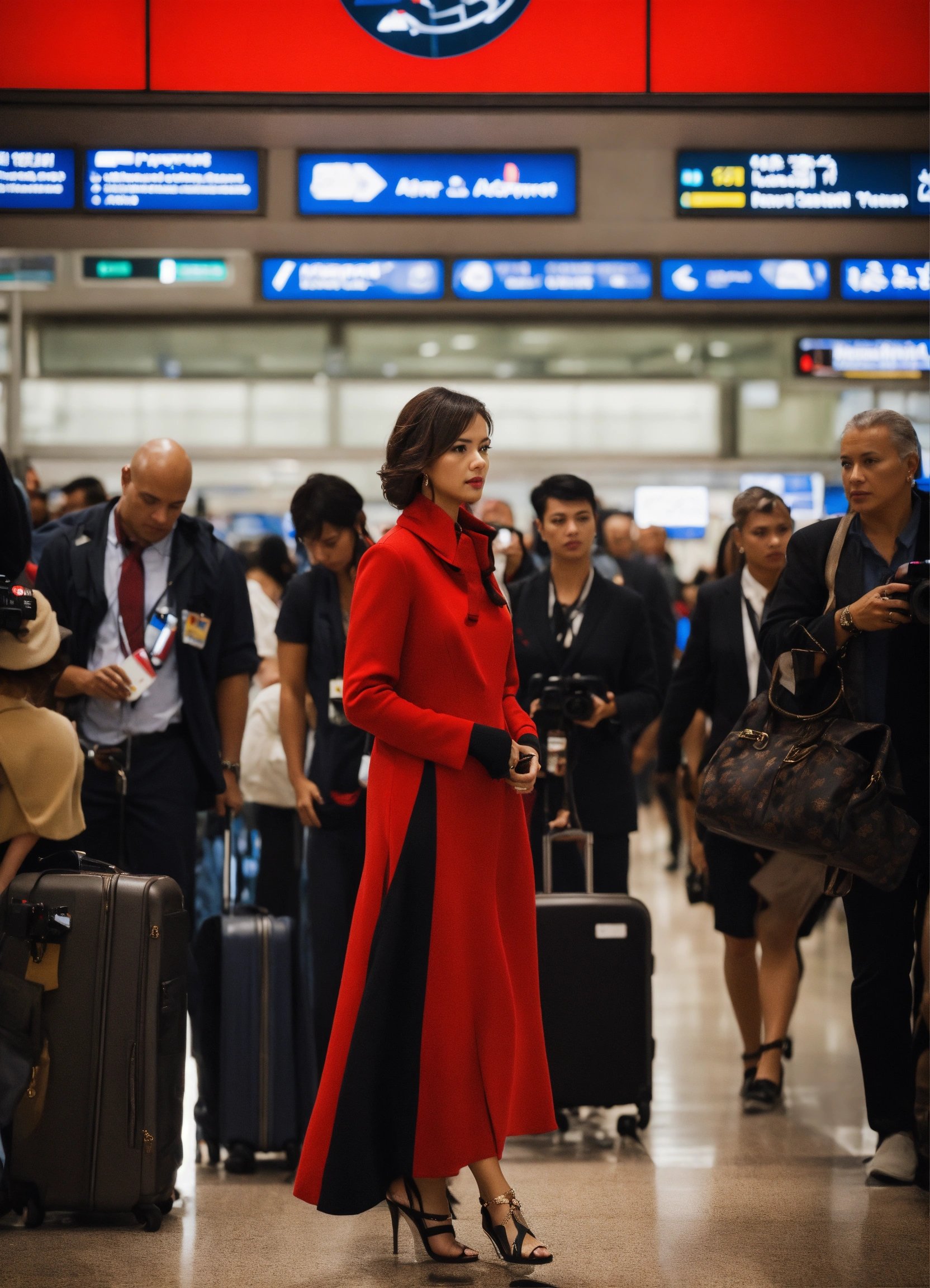 スタジオライティングで撮影した赤いカクテルドレスの女性。Stable Diffusion AI生成画像