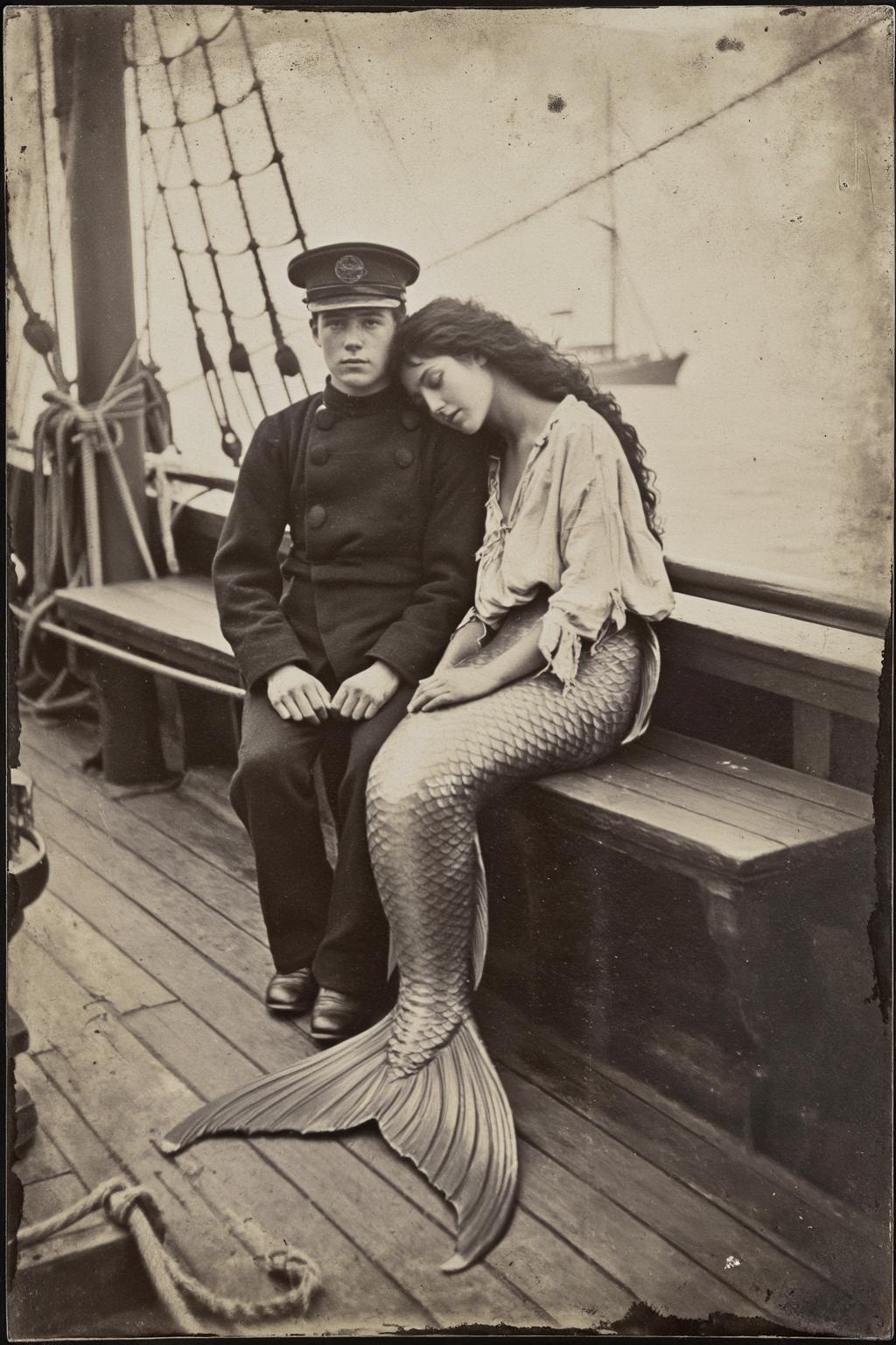 船の甲板で肩を寄せ合う水兵と人魚のセピア調ダゲレオタイプ風 - Stable Diffusion AI生成画像