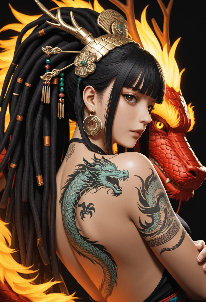 シャーマン風ヘッドドレスとドラゴンタトゥー