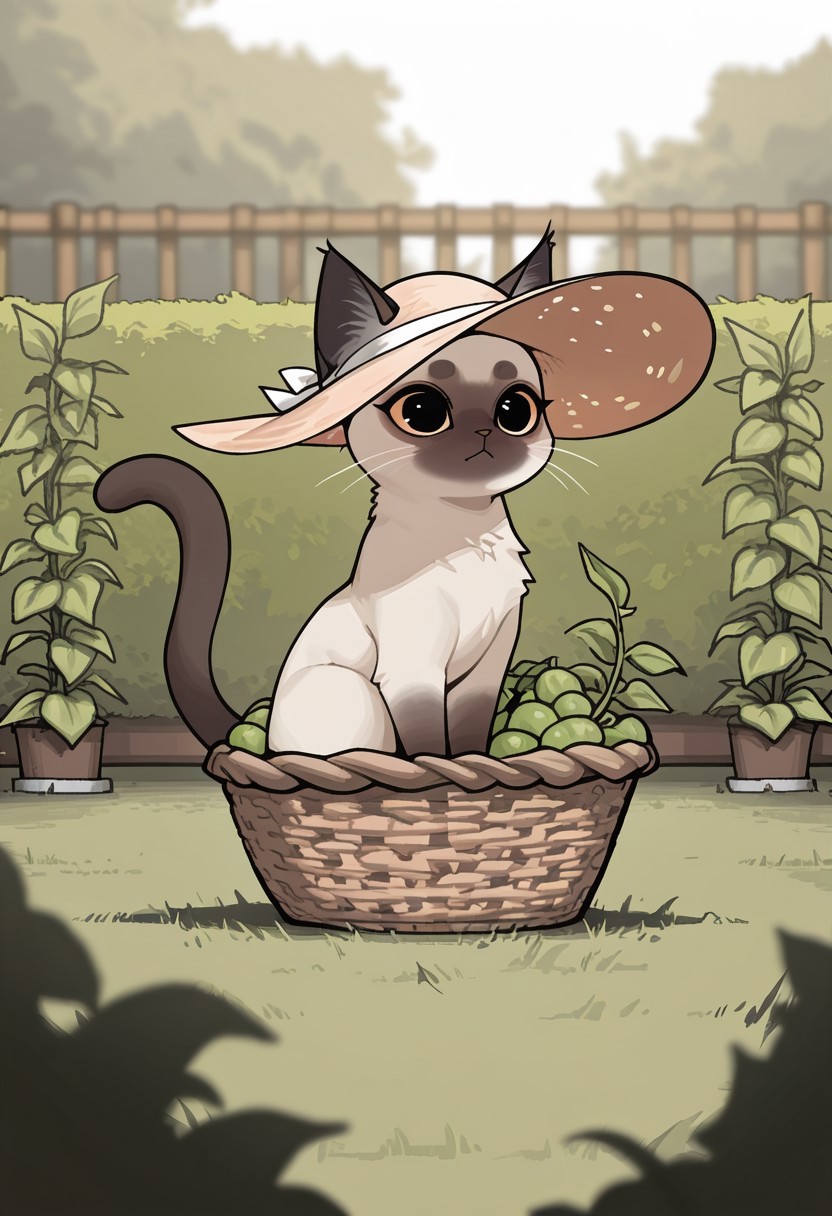 庭園で豌豆を摘む可愛い猫のアニメプロンプ集解説ガイド