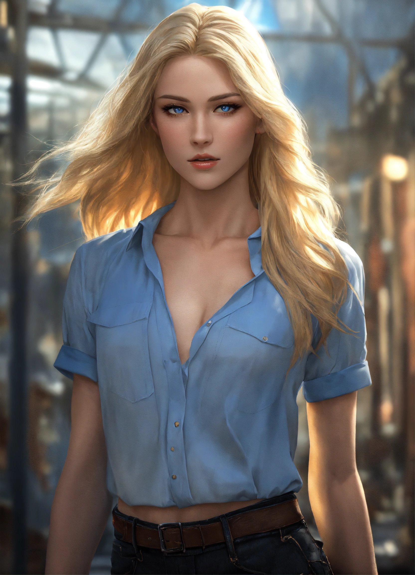 シャツを着た自信あふれるスレンダー高身長女性、優雅な三角形ポーズで立つ。Stable Diffusion AI生成画像