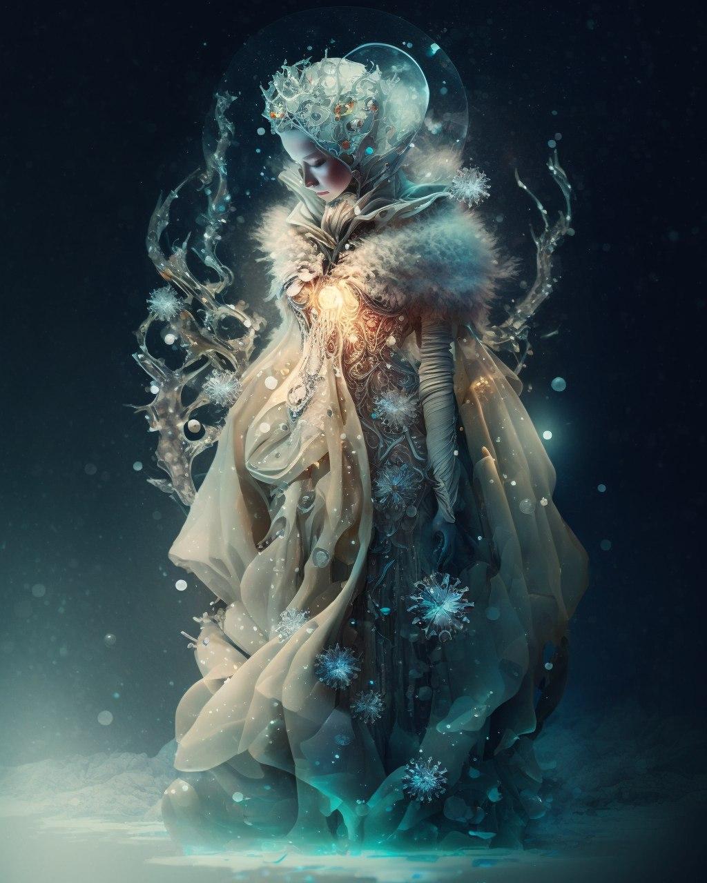 白と金のドレスを着た氷の女王が冬景色に佇む、雪の結晶の王冠、Midjourney AI生成画像
