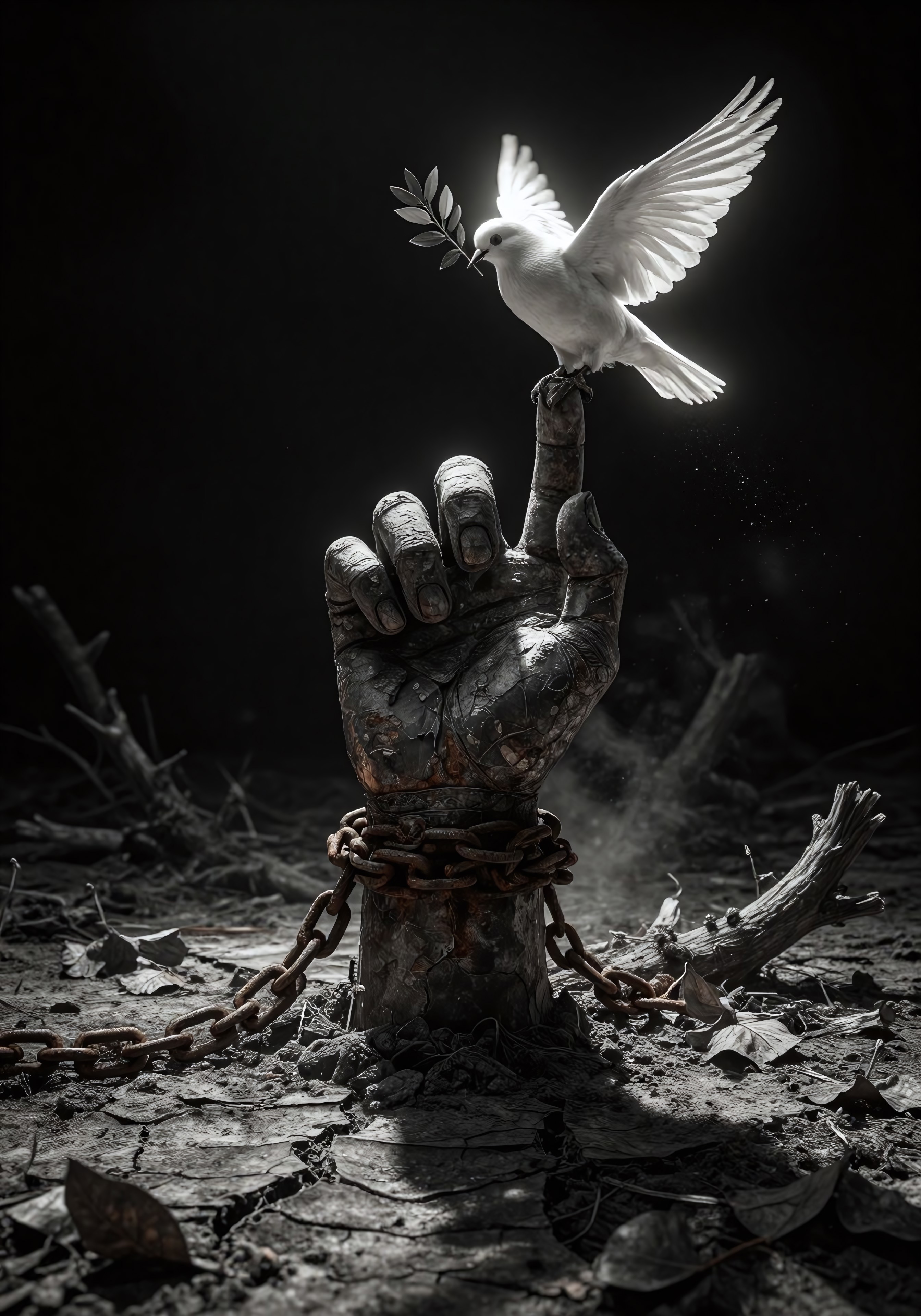 荒廃した大地から突き出る巨大な石の手に止まる白い鳩のシュール画 - Stable Diffusion AI生成画像