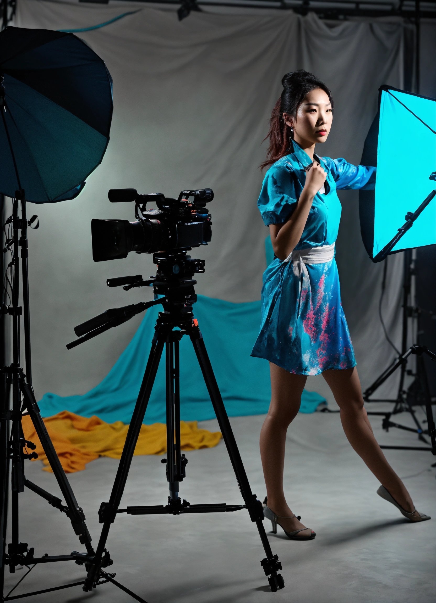 プロスタジオライティング下でカラフル衣装をまとったオーストラリア女優がアクティングするシーン、Stable Diffusion AI生成画像で終わる