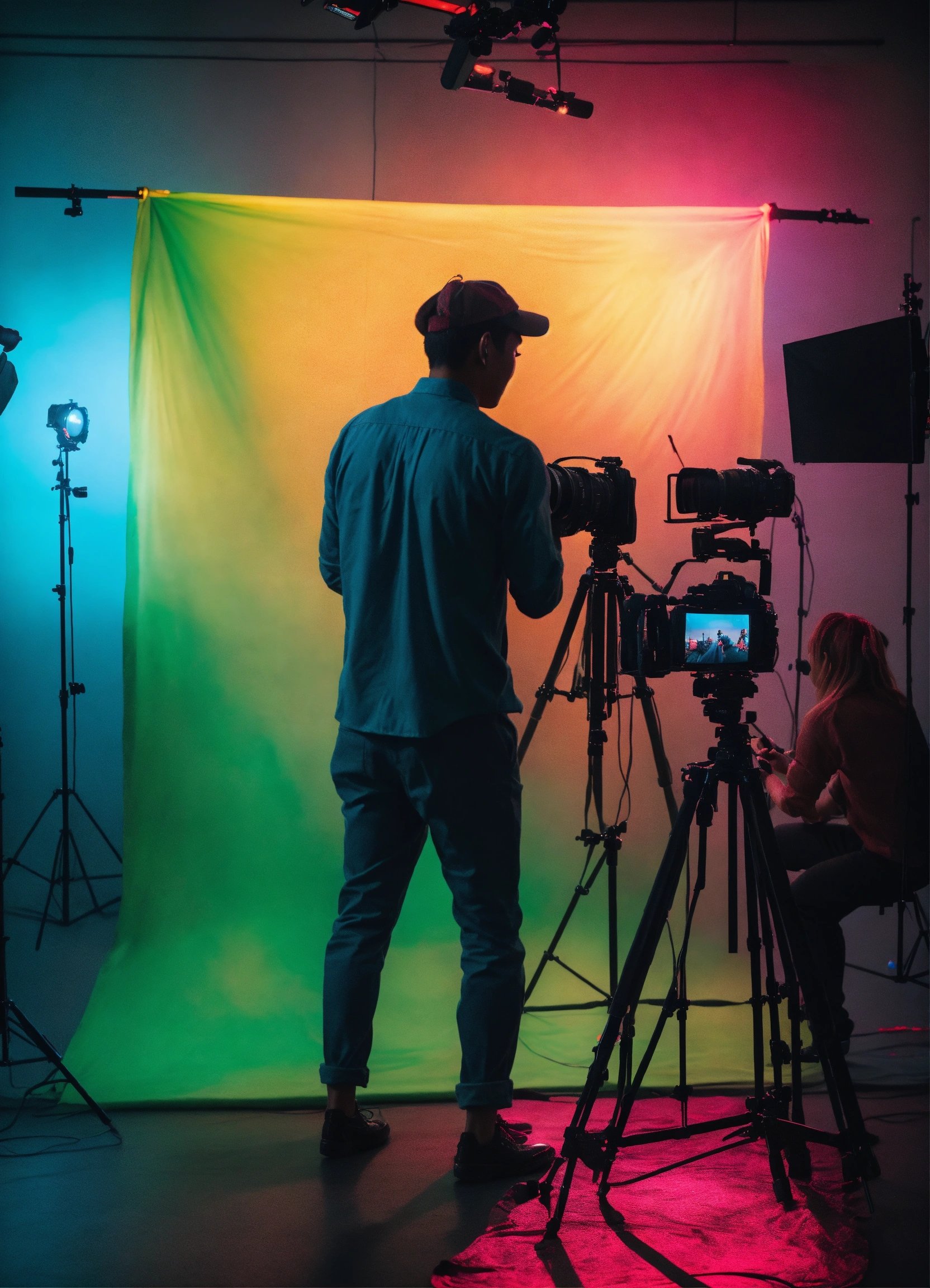 プロフェッショナルなスタジオライティングの中でカラフル衣装をまとった女優がダンスする撮影現場、Stable Diffusion AI生成画像で終わる