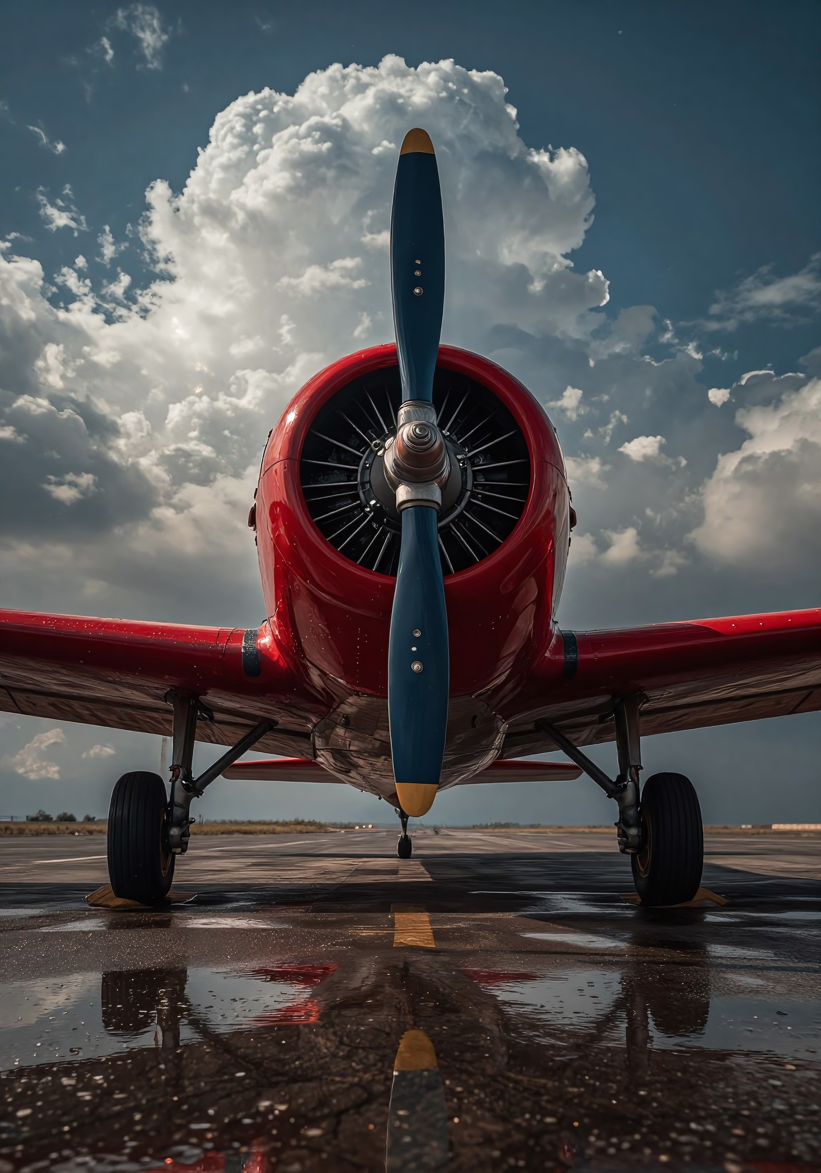 地面スレスレから正面に迫るヴィンテージプロペラ機のシネマティック写真 - Stable Diffusion AI生成画像