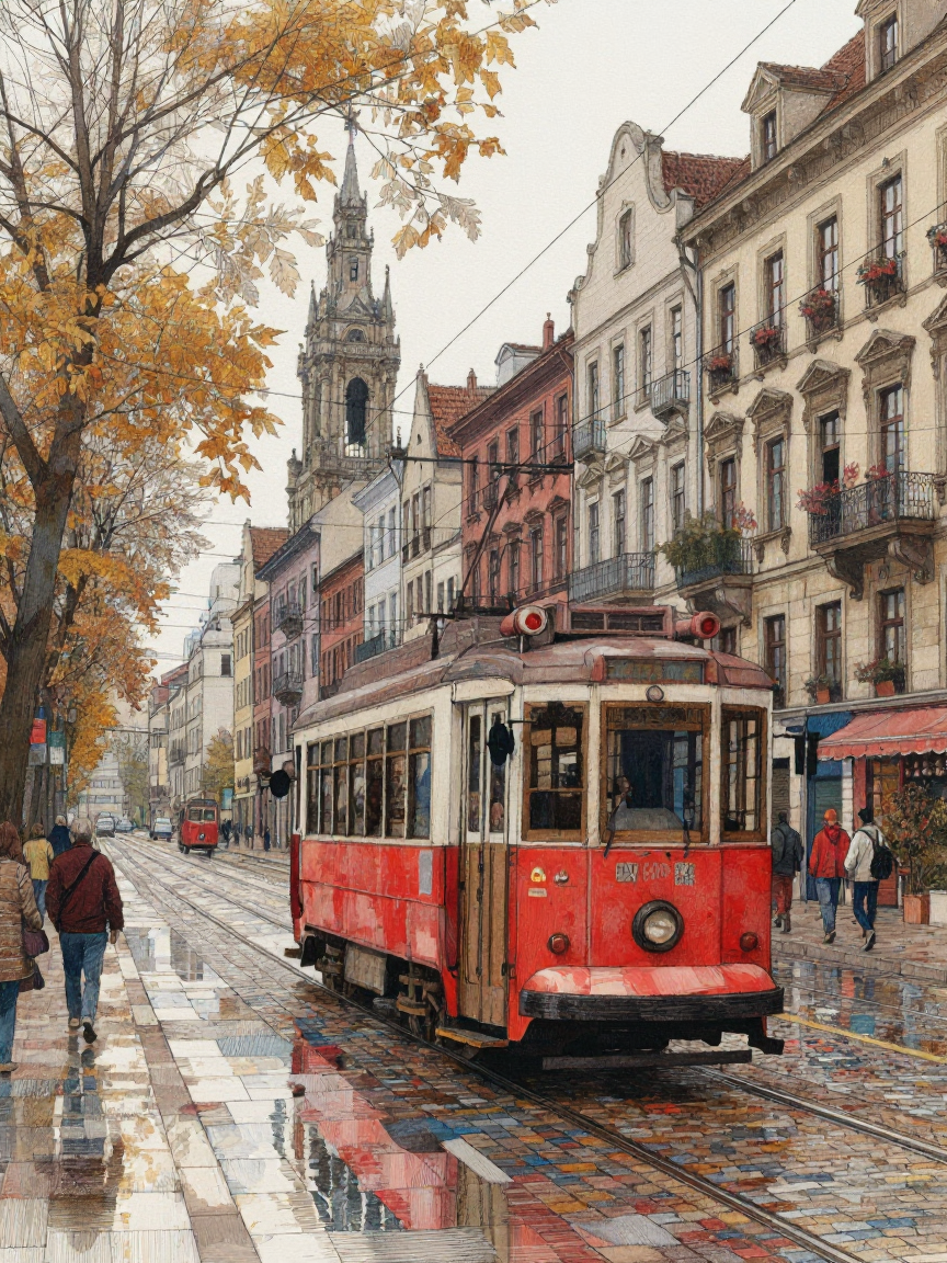 暖色系ウォーターカラーの秋の街並み