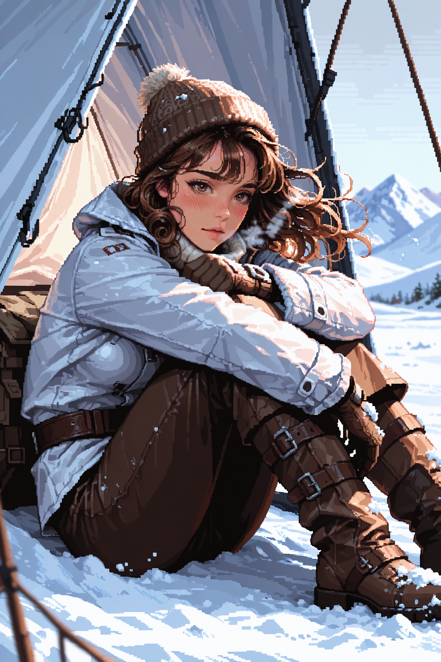 冬テント座り込み棕色髪プロンプト