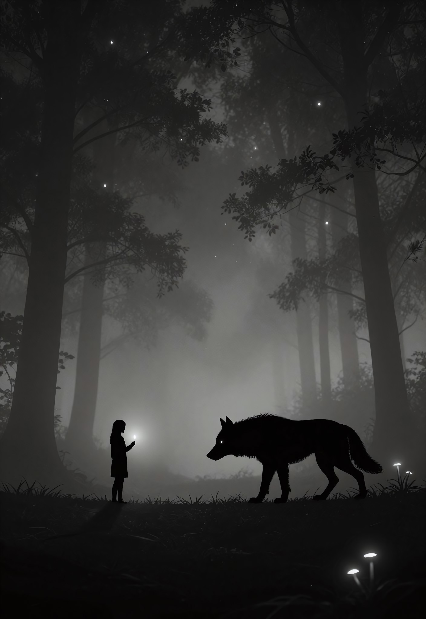 狼との対峙霧森シルエット表現