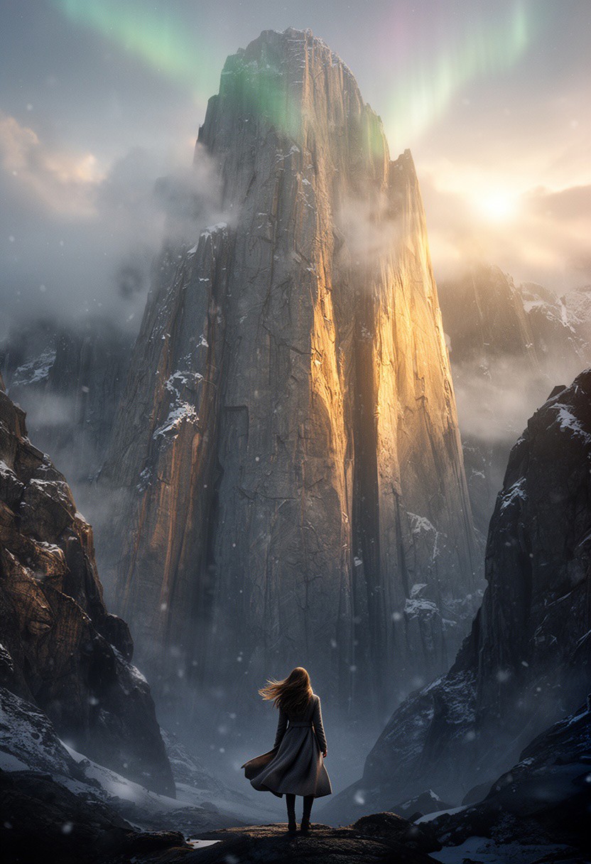 巨大山と小さき女性ポーズプロンプト